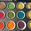 Red-cherry, pink-strawberry, brown-chocolate, orange-orange, dark green-peppermint, light green-pear, purple-vanilla, blue-coconut, yellow#1-banana, yellow#2-pineapple, yellow#3-lemon, beige-plain